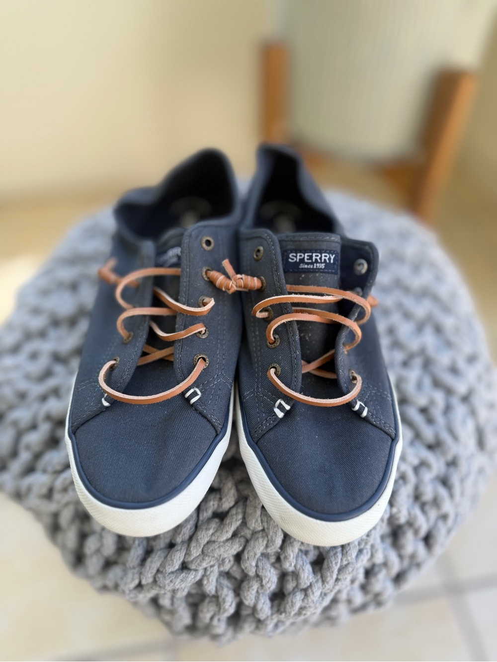 Sperry Navy Canvas Deck Shoes with Brown Leather Laces